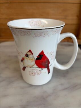 Adeline Fine Bone China Cardinal Bird Ceramic Mug in White and Red